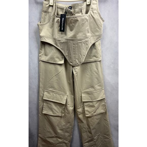 Pretty Little Things Stone Twill Dip Hem Structured Cargo Corset Pant Set Size 6 - Picture 5 of 10